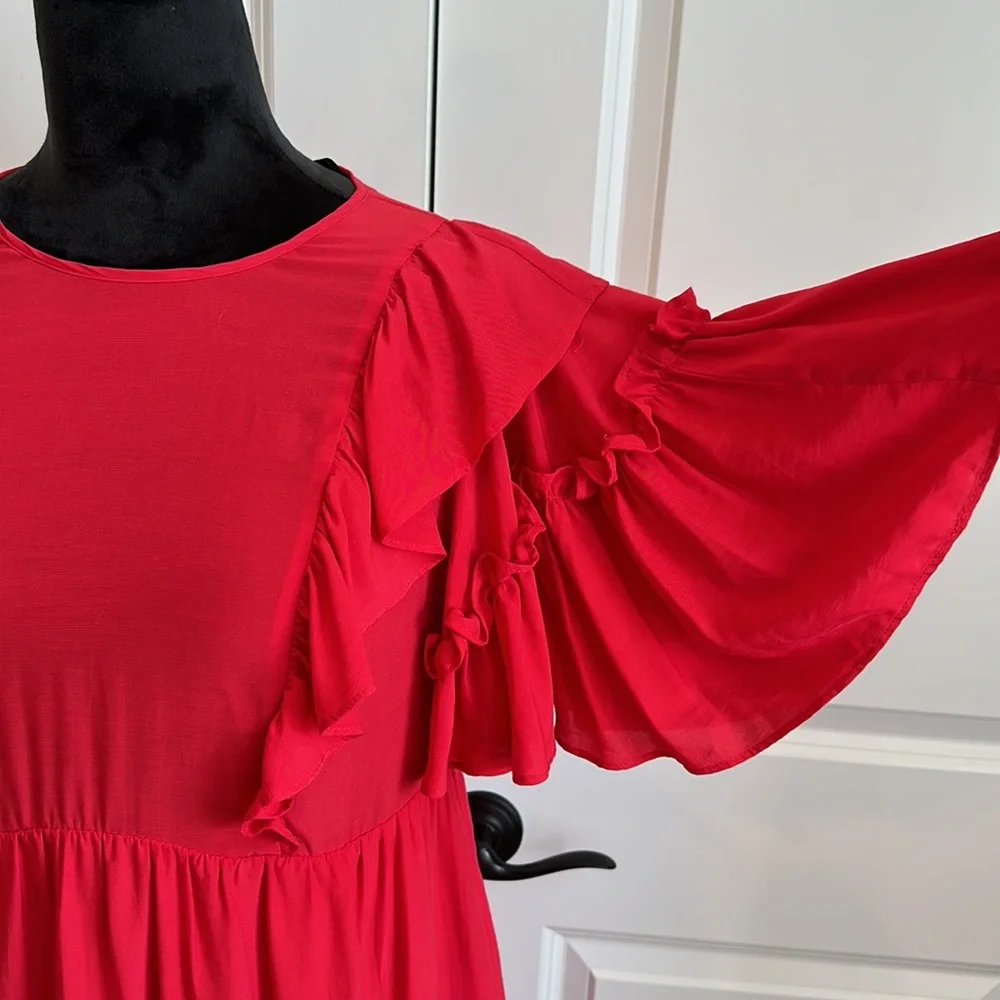 Who What Wear Red Ruffled Statement Sleeves, Tiered Dress - Picture 3 of 6